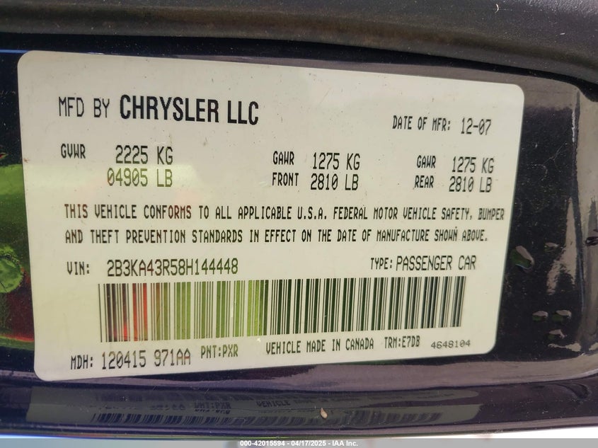 2008 Dodge Charger VIN: 2B3KA43R58H144448 Lot: 42015594