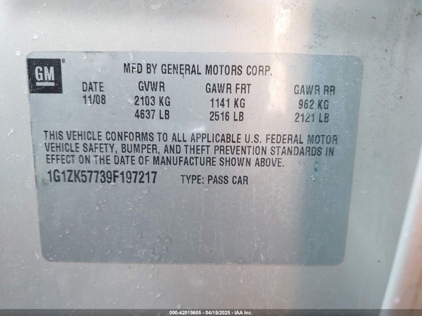2009 Chevrolet Malibu Ltz VIN: 1G1ZK57739F197217 Lot: 42015605