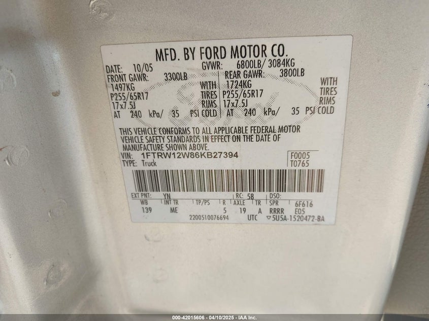 2006 FORD F-150 VIN: 1FTRW12W86KB27394