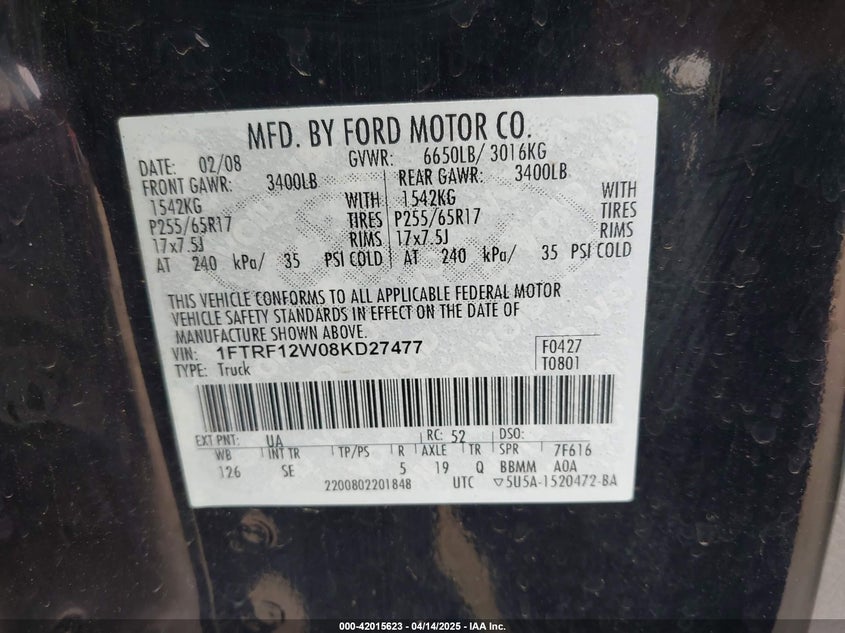 2008 FORD F-150 VIN: 1FTRF12W08KD27477