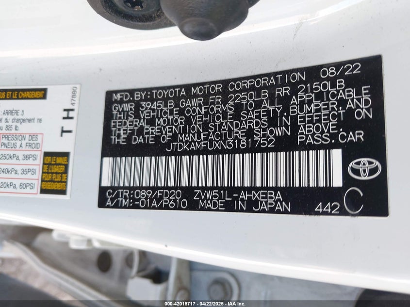 2022 TOYOTA PRIUS VIN: JTDKAMFUXN3181752