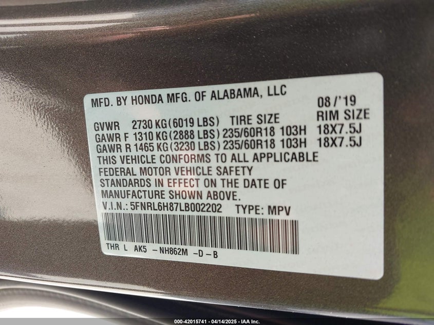 2020 HONDA ODYSSEY VIN: 5FNRL6H87LB002202
