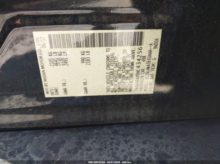 2017 Nissan Maxima 3.5 Platinum VIN: 1N4AA6AP0HC434256 Lot: 42015744