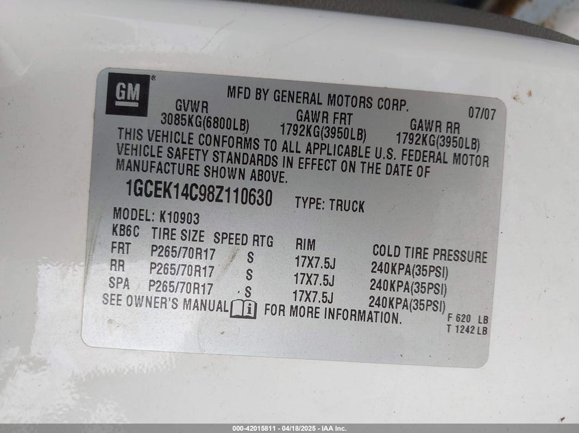 2008 CHEVROLET SILVERADO 1500 VIN: 1GCEK14C98Z110630