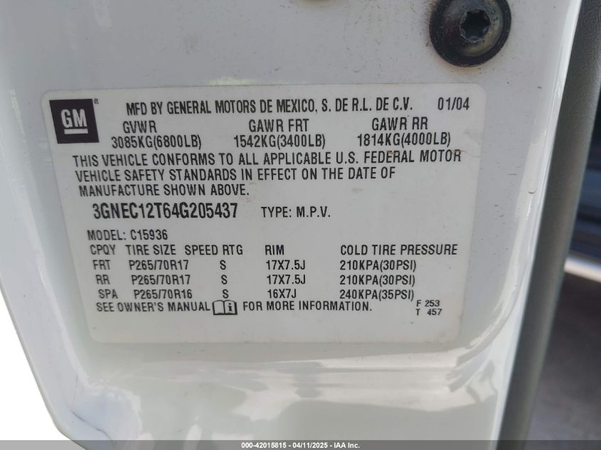 2004 Chevrolet Avalanche 1500 VIN: 3GNEC12T64G205437 Lot: 42015815