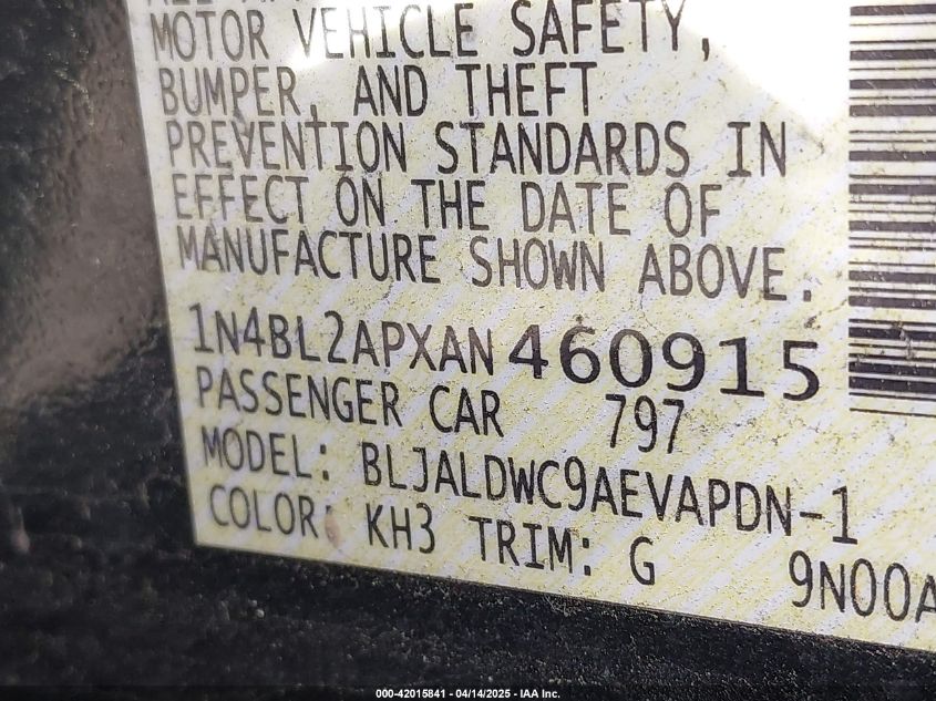 2010 Nissan Altima 3.5 Sr VIN: 1N4BL2APXAN460915 Lot: 42015841