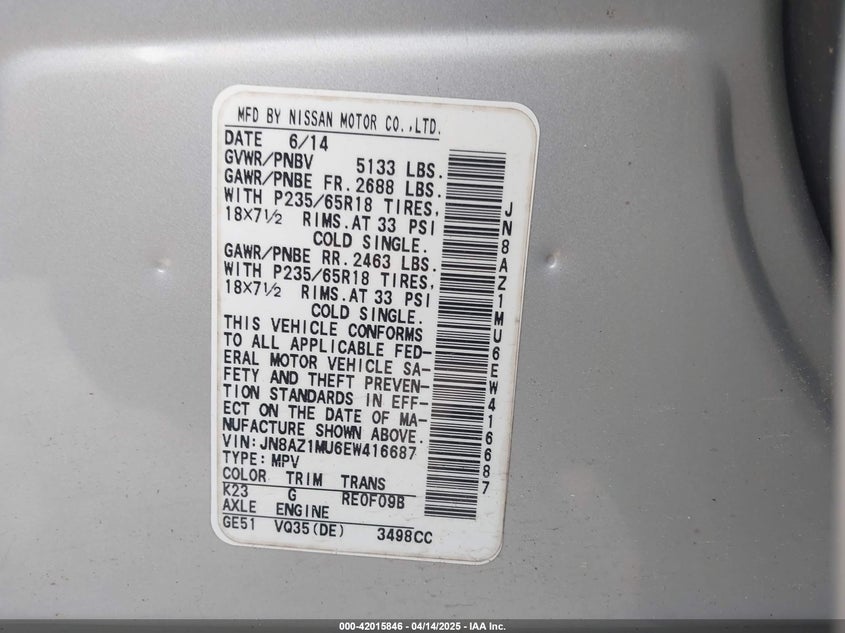 2014 Nissan Murano Sv VIN: JN8AZ1MU6EW416687 Lot: 42015846