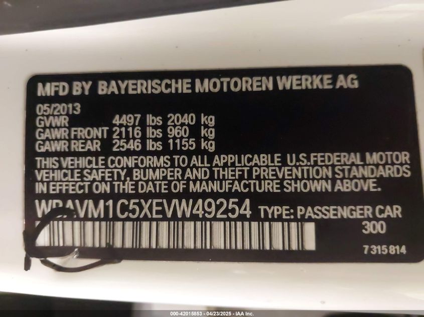 2014 BMW X1 Sdrive28I VIN: WBAVM1C5XEVW49254 Lot: 42015853