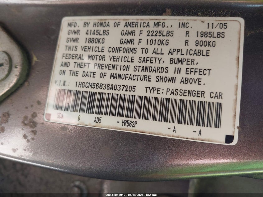 2006 HONDA ACCORD VIN: 1HGCM56836A037205