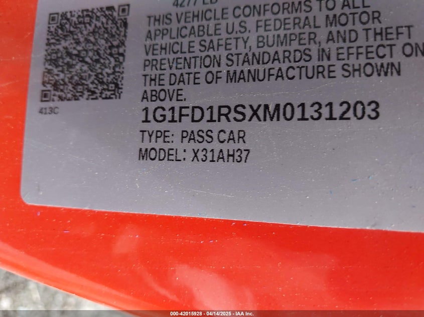 2021 CHEVROLET CAMARO VIN: 1G1FD1RSXM0131203