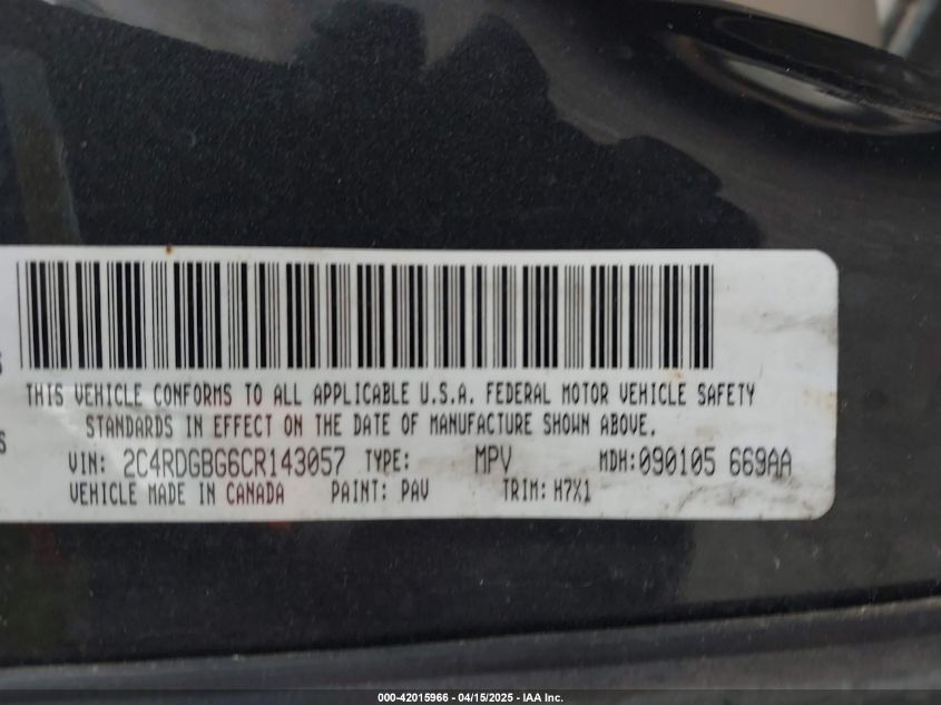 2012 Dodge Grand Caravan Se/Avp VIN: 2C4RDGBG6CR143057 Lot: 42015966