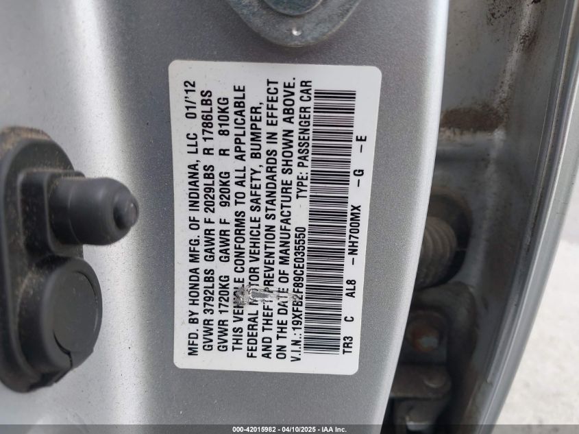 2012 Honda Civic Ex VIN: 19XFB2F89CE035550 Lot: 42015982