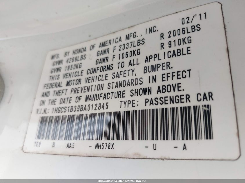 2011 Honda Accord 2.4 Lx-S VIN: 1HGCS1B39B8012845 Lot: 42015984