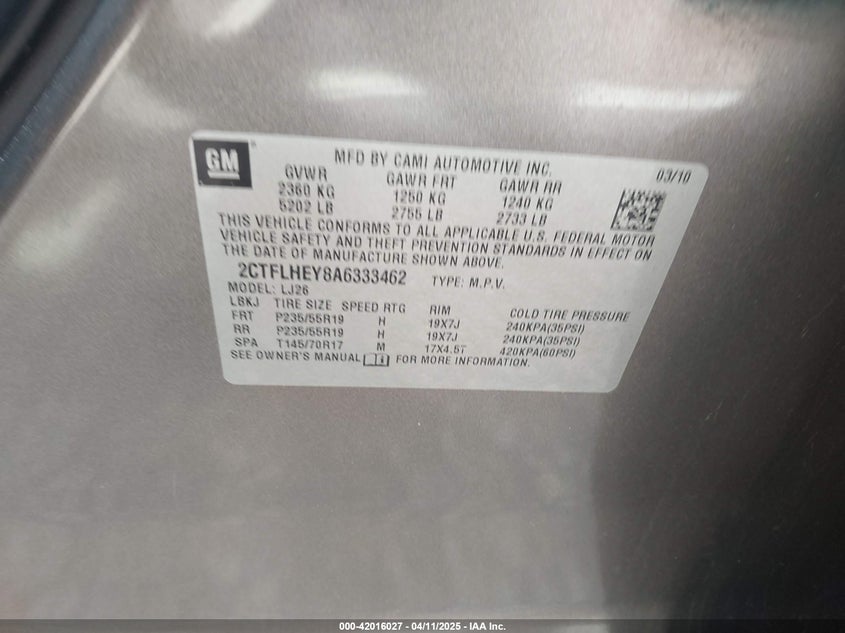 2010 GMC TERRAIN VIN: 2CTFLHEY8A6333462