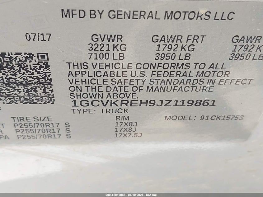 2018 CHEVROLET SILVERADO 1500 VIN: 1GCVKREH9JZ119861