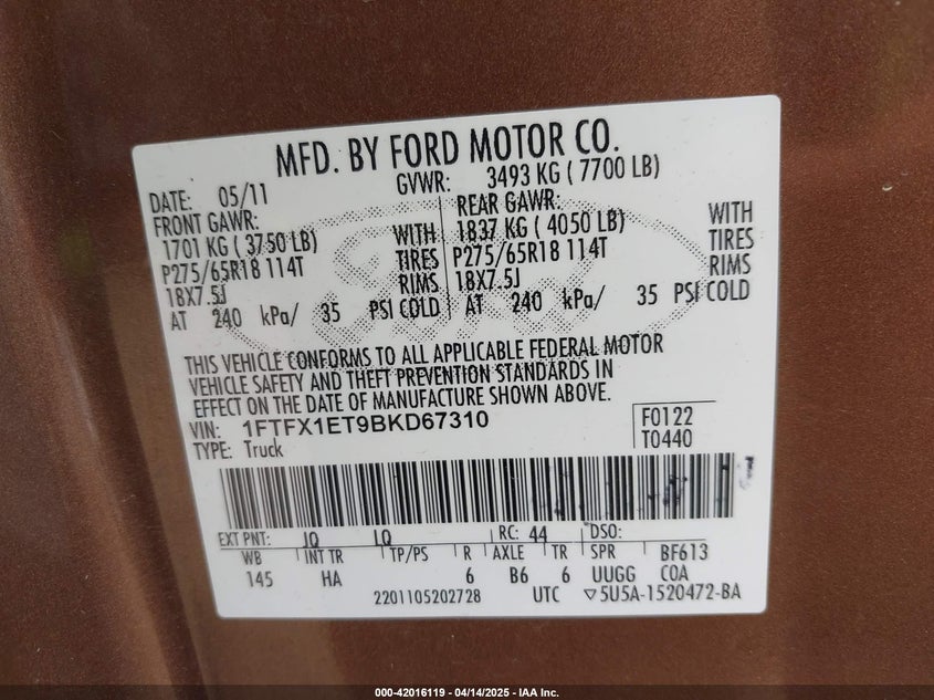 2011 FORD F-150 VIN: 1FTFX1ET9BKD67310