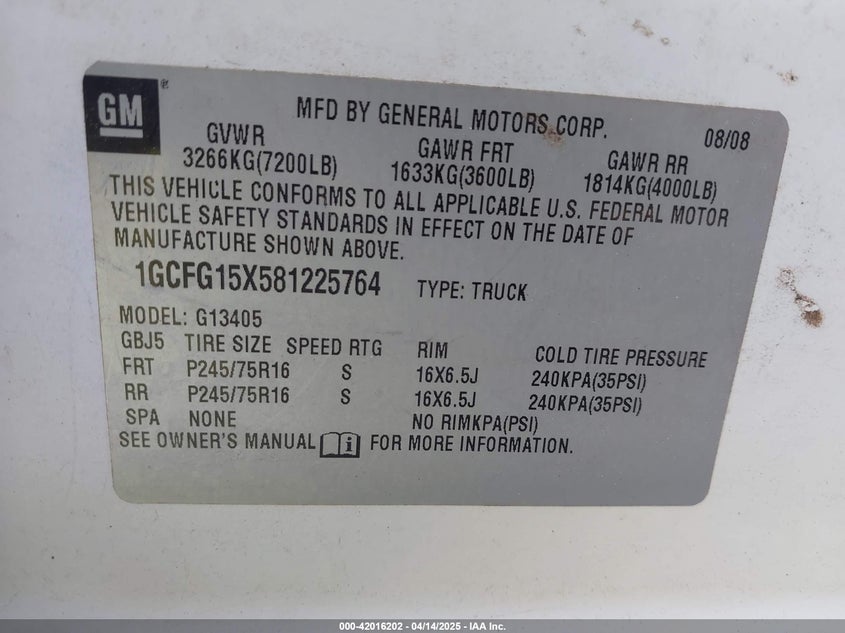 2008 Chevrolet Express Work Van VIN: 1GCFG15X581225764 Lot: 42016202