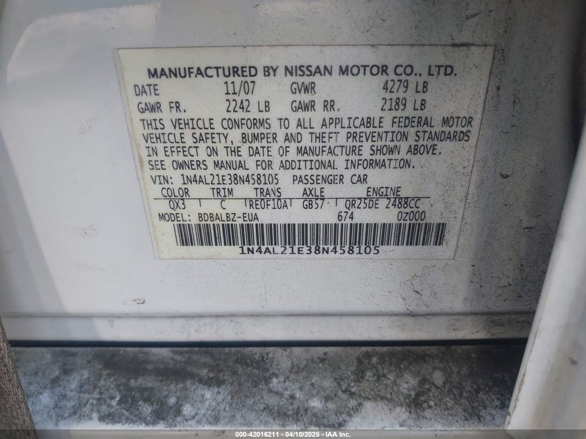 2008 NISSAN ALTIMA VIN: 1N4AL21E38N458105