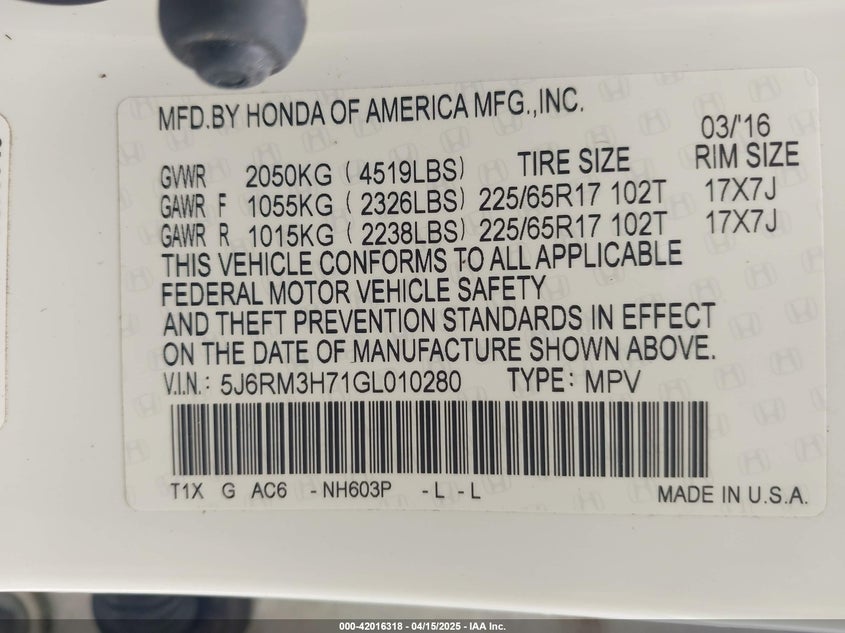 2016 HONDA CR-V EX-L - 5J6RM3H71GL010280