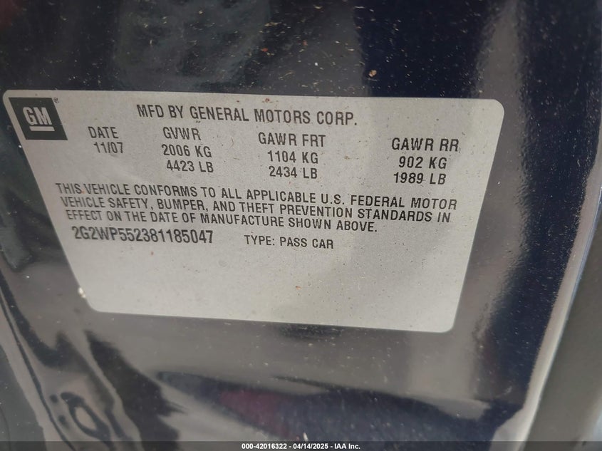 2008 PONTIAC GRAND PRIX VIN: 2G2WP552381185047