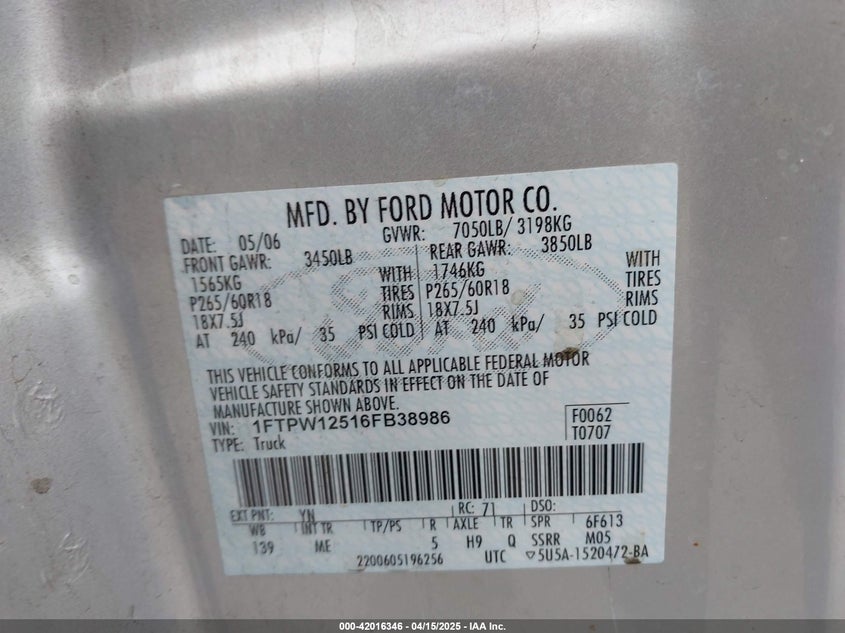 2006 FORD F150 VIN: 1FTPW12516FB38986