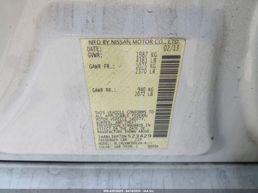 2013 NISSAN ALTIMA VIN: 1N4BL3AP7DN523429