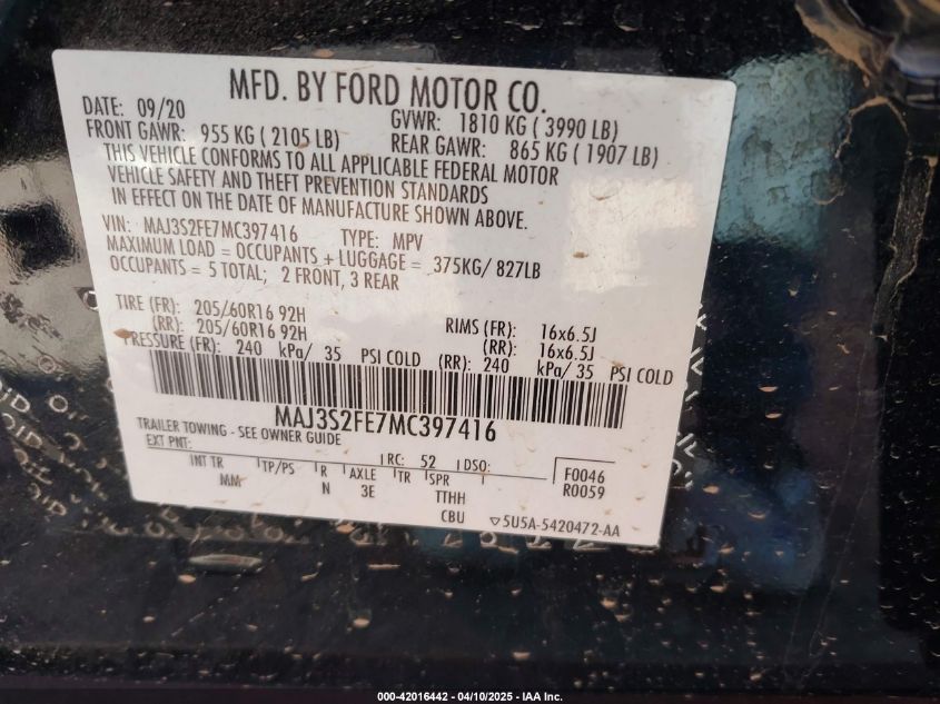 2021 Ford Ecosport S VIN: MAJ3S2FE7MC397416 Lot: 42016442