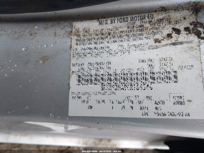 2012 FORD FUSION VIN: 3FAHP0HA9CR164546