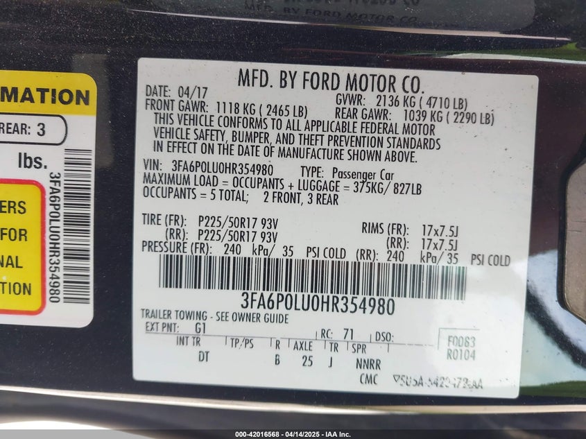 2017 FORD FUSION HYBRID VIN: 3FA6P0LU0HR354980