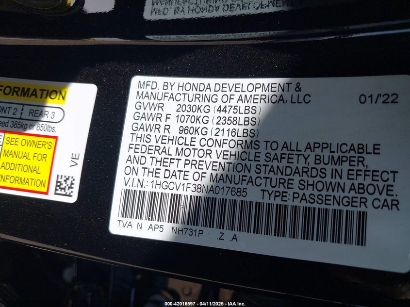 2022 HONDA ACCORD VIN: 1HGCV1F38NA017685