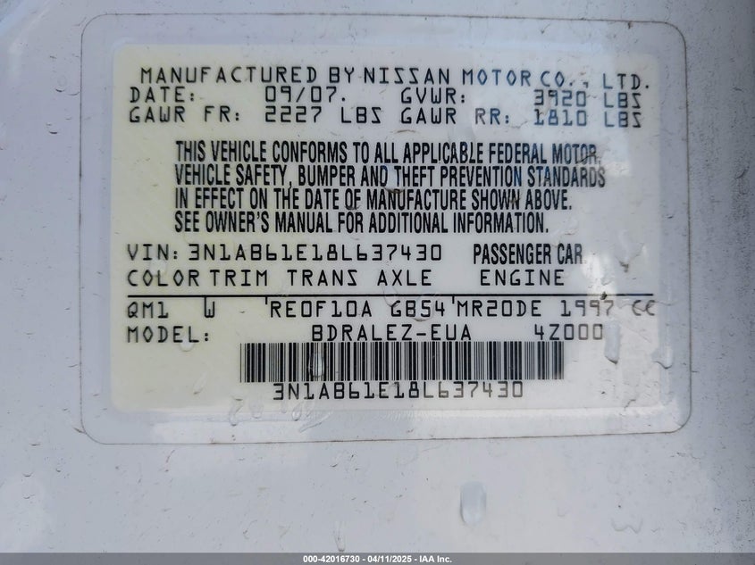 2008 NISSAN SENTRA VIN: 3N1AB61E18L637430