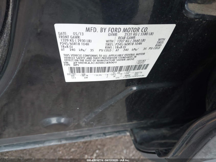 2013 FORD EDGE VIN: 2FMDK4JC3DBC45001