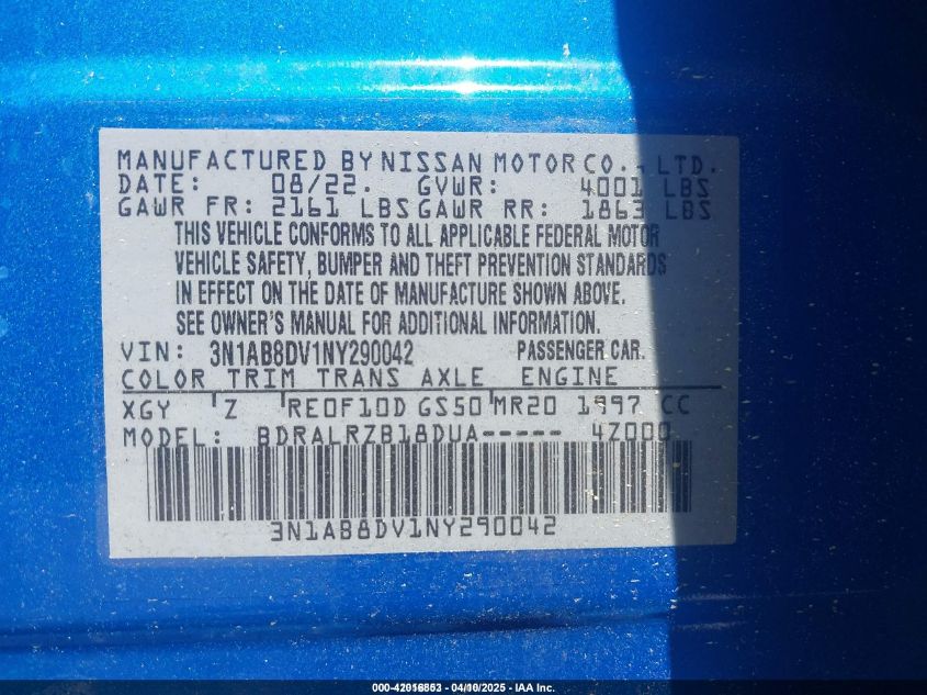 2022 Nissan Sentra Sr Xtronic Cvt VIN: 3N1AB8DV1NY290042 Lot: 42016853