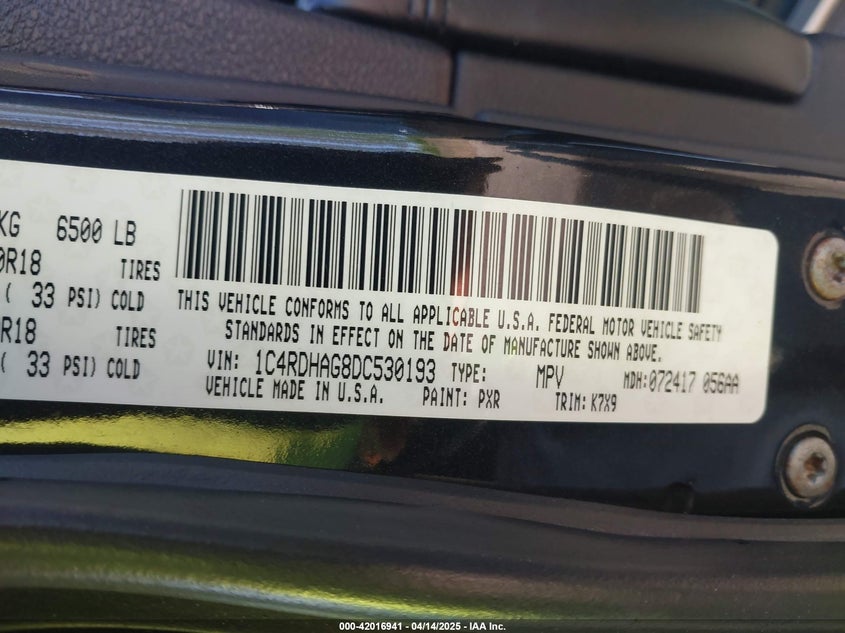 2013 DODGE DURANGO VIN: 1C4RDHAG8DC530193