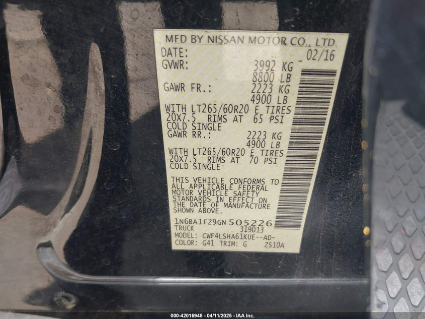 2016 NISSAN TITAN XD VIN: 1N6BA1F29GN505226