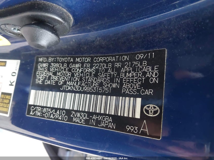 2011 TOYOTA PRIUS VIN: JTDKN3DU9B5315751
