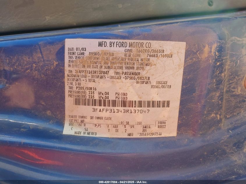 2003 Ford Focus Zx3 VIN: 3FAFP31343R137047 Lot: 42017004