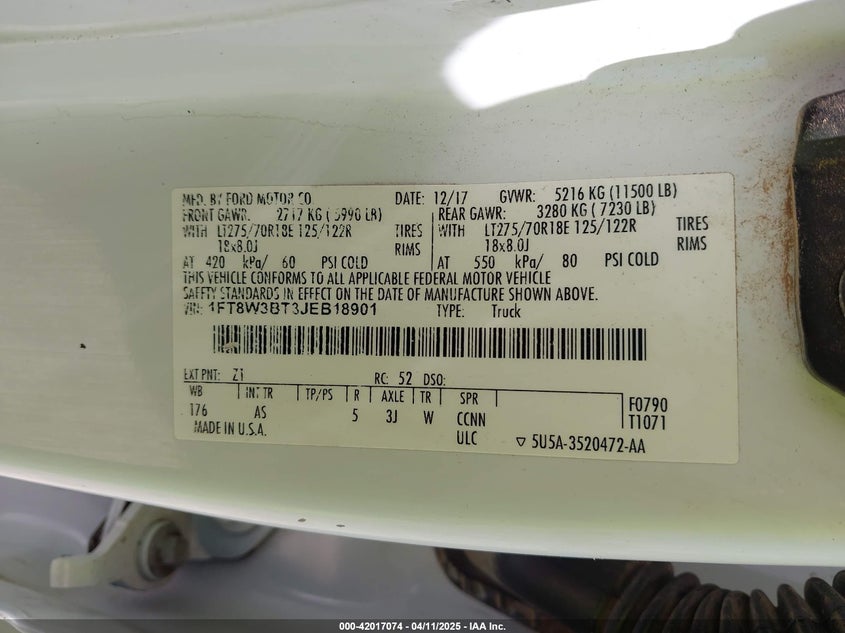 2018 Ford F-350 Xl VIN: 1FT8W3BT3JEB18901 Lot: 42017074