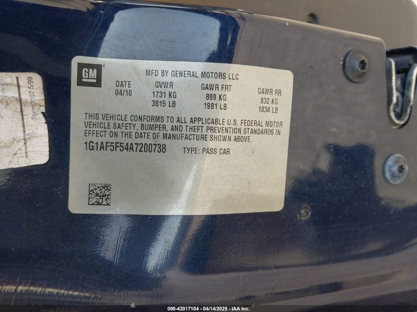 2010 Chevrolet Cobalt Lt VIN: 1G1AF5F54A7200738 Lot: 42017104