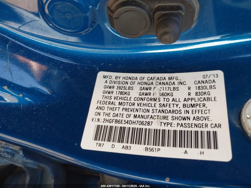 2013 HONDA CIVIC VIN: 2HGFB6E54DH706287