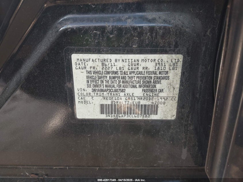 2012 NISSAN SENTRA VIN: 3N1AB6AP3CL607582