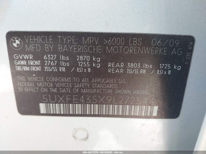 2009 BMW X5 xDrive30I VIN: 5UXFE435X9L272544 Lot: 42017376