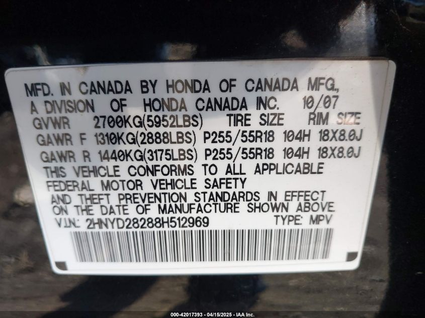 2008 Acura Mdx VIN: 2HNYD28288H512969 Lot: 42017393