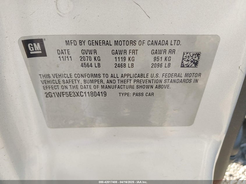 2012 CHEVROLET IMPALA VIN: 2G1WF5E3XC1180419