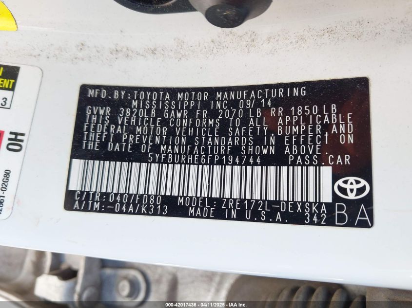 2015 Toyota Corolla S Plus VIN: 5YFBURHE6FP194744 Lot: 42017436