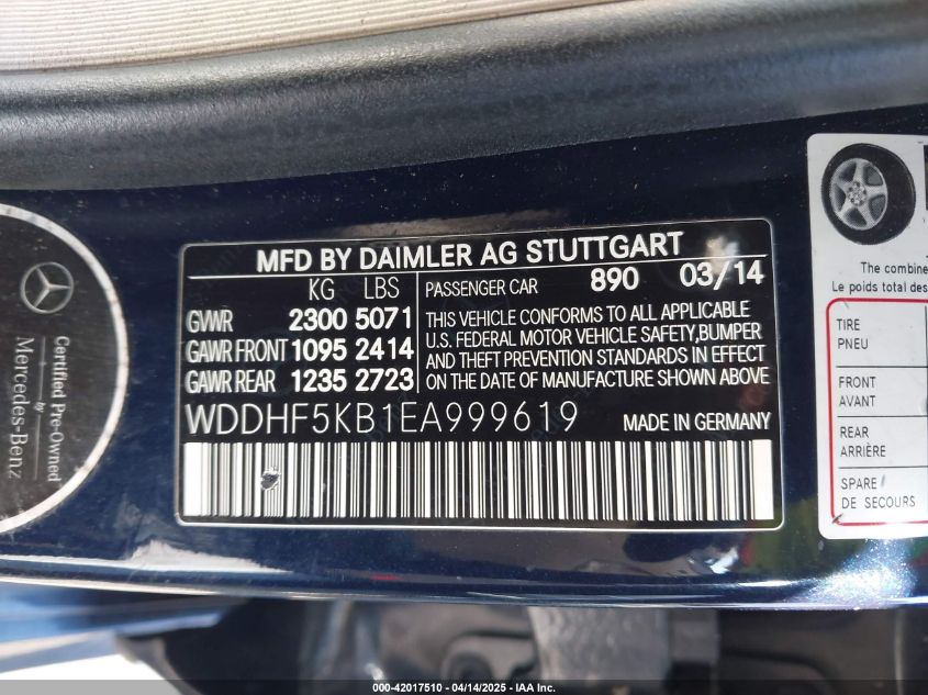 2014 Mercedes-Benz E 350 E 350 Luxury VIN: WDDHF5KB1EA999619 Lot: 42017510