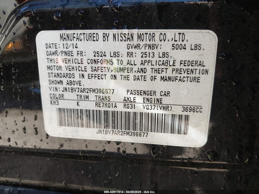 2015 INFINITI Q50 VIN: JN1BV7AR2FM396677