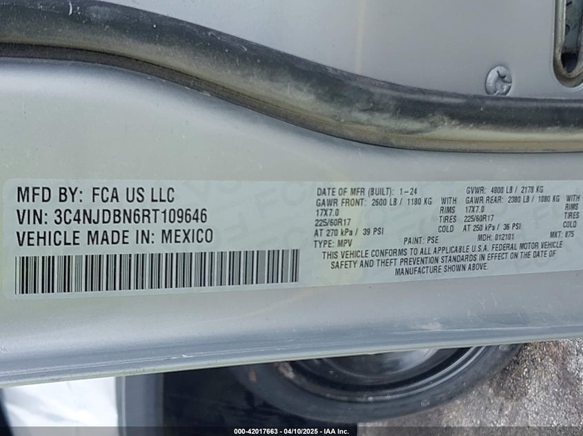 2024 Jeep Compass Latitude 4X4 VIN: 3C4NJDBN6RT109646 Lot: 42017663