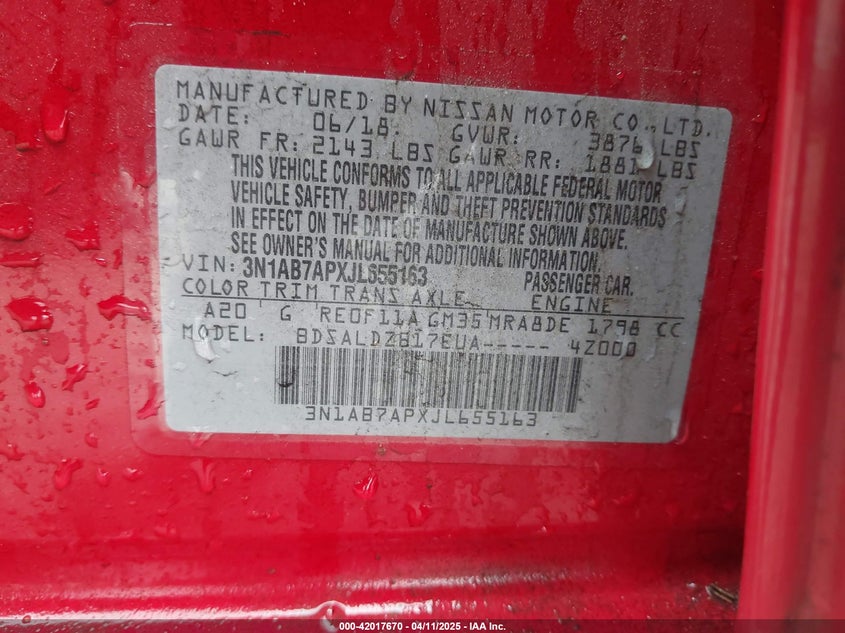 VIN 3N1AB7APXJL655163 2018 NISSAN SENTRA SV