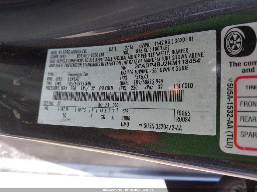 2019 FORD FIESTA VIN: 3FADP4BJ2KM118454